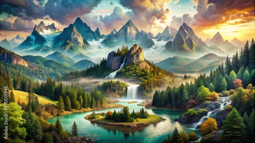 Abstract collage of mountains, rivers, and forests in a surreal landscape