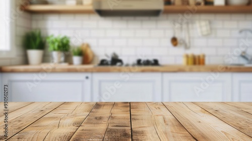 Rustic Wooden Table with Elegant Kitchen Background, showcasing a high-end atmosphere, blending warmth of wood with refined luxury and sophisticated decor elements