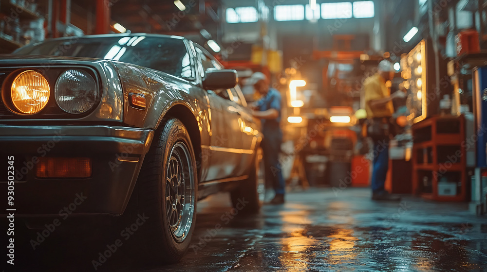 A car parked on the task in automotive garage A car parked on the task in automotive garage