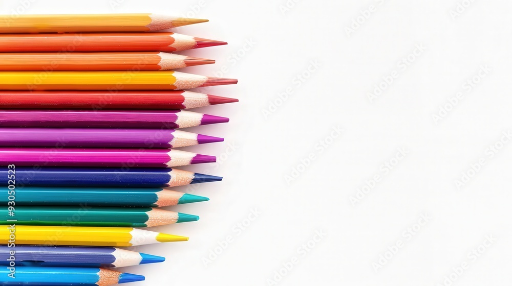 Vibrant Wooden Pencils Displayed in a Row, a striking array of colorful pencils showcasing their vivid hues and smooth finishes against a clean white backdrop Vibrant Wooden Pencils Displayed in a Row, a striking array of colorful pencils showcasing their vivid hues and smooth finishes against a clean white backdrop
