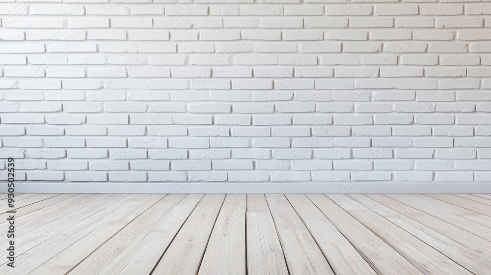 Fototapeta premium Urban interior with a white brick wall, spacious empty wooden floor, ideal for modern living spaces, design projects, or artistic backdrops, inviting creativity and versatility.