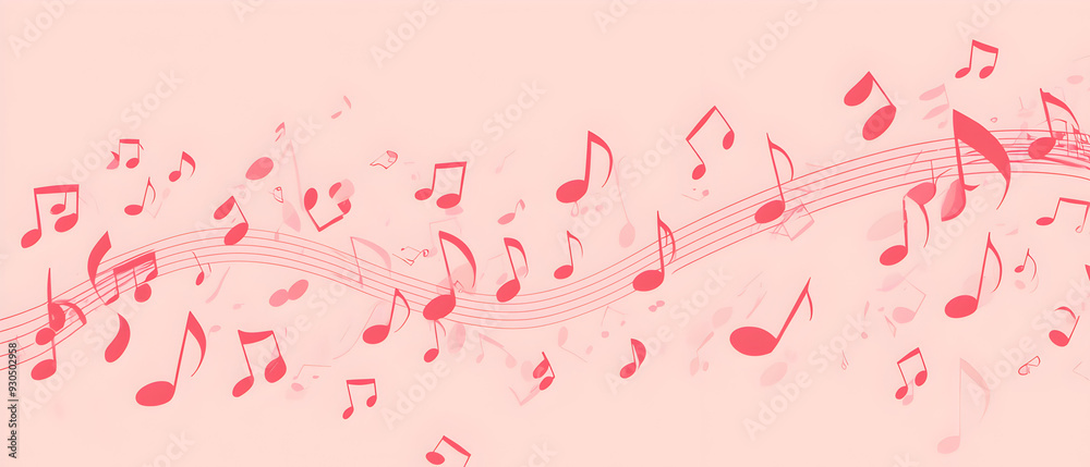 A vector illustration of a music notes banner, featuring a fresh pink color palette. The notes are stylized and float along curved lines that frame a central white space for text A vector illustration of a music notes banner, featuring a fresh pink color palette. The notes are stylized and float along curved lines that frame a central white space for text