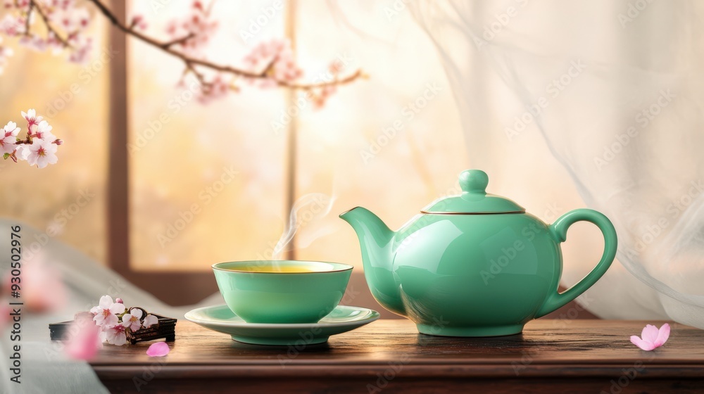 A serene green teapot and cup on a wooden table, surrounded by delicate blossoms and soft sunlight, perfect for tea lovers.