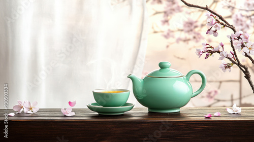 A serene tea set with a delicate design, surrounded by cherry blossoms, perfect for a calming moment of relaxation. photo