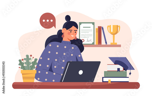 Woman with skills training. Young girl with laptop near textbooks and graduation hat. Student does her homework. Learning, education and training on Internet. Flat vector illustration