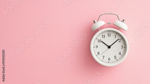 A white alarm clock on a pink background, indicating the passage of time. photo