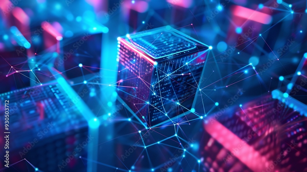 Abstract Neon Digital Network with Server Racks Abstract Neon Digital Network with Server Racks