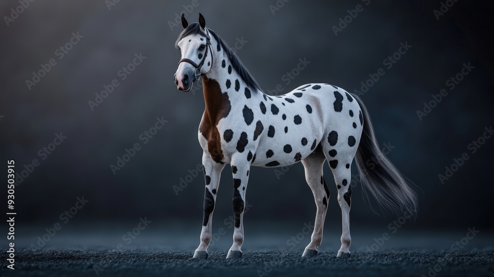 A striking spotted horse stands elegantly in a mystical, dark setting, showcasing its unique coat and graceful posture. A striking spotted horse stands elegantly in a mystical, dark setting, showcasing its unique coat and graceful posture.