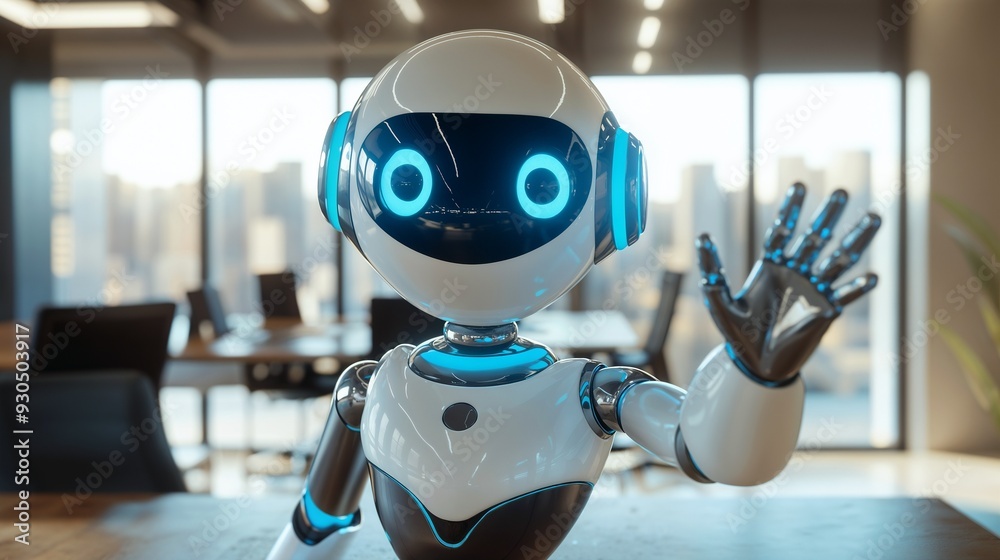 A friendly robot is waving enthusiastically at the camera in an office setting A friendly robot is waving enthusiastically at the camera in an office setting