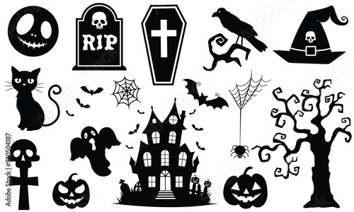 Collection of Halloween silhouettes. Haunted house, creepy tree, skull, moon, black cat, pumpkins, halloween ghost, coffin lid etc.