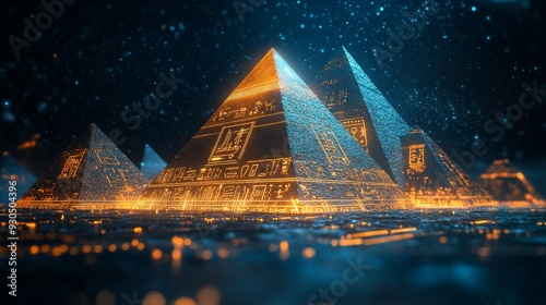 Three glowing golden pyramids in a dark starry night.