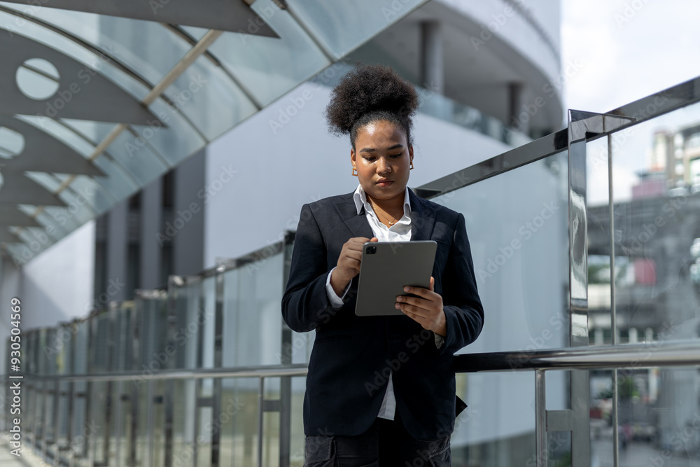 Successful young businesswoman african american black suit using tablet at Office building. business student girl lifestyle. New generation business concept. Successful young businesswoman african american black suit using tablet at Office building. business student girl lifestyle. New generation business concept.