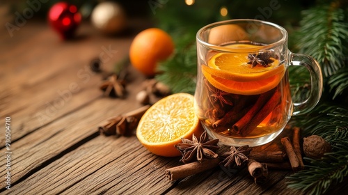 Steaming mug of spiced christmas tea warming on a rustic wood table