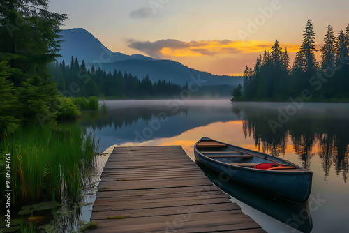 Peaceful, serene lake, mirror-like surface, misty morning, high quality, photorealistic, majestic mountains, pine trees, colorful autumn foliage, reflection, tranquil