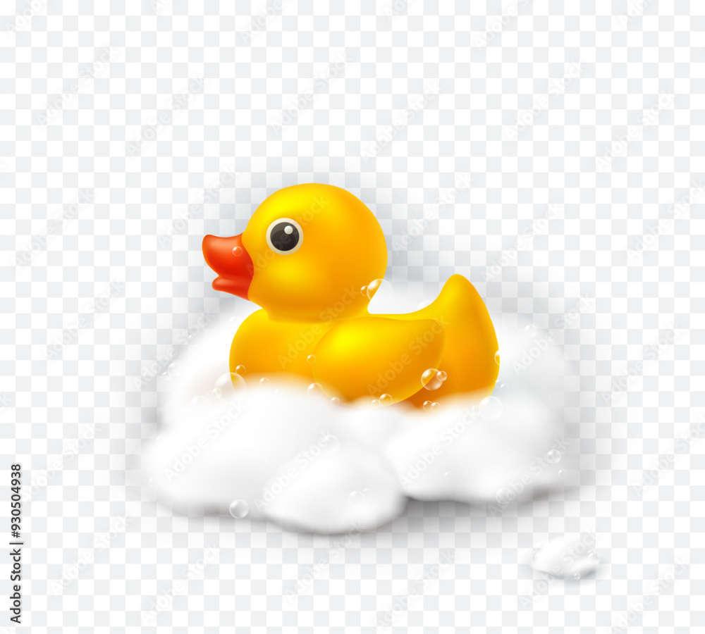 Duck with soap foam isolated on transparent background. Yellow bath baby rubber toy and white soappy bubbles. Vector 3d bathtub kid game element template Duck with soap foam isolated on transparent background. Yellow bath baby rubber toy and white soappy bubbles. Vector 3d bathtub kid game element template