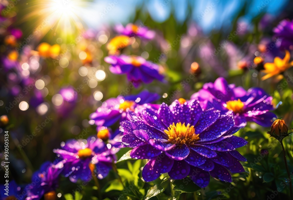 Fototapeta premium vibrant purple blooms cheerful garden setting lush greenery bright sunlight, flower, petal, leaf, plant, botanical, nature, landscape, floral, beauty