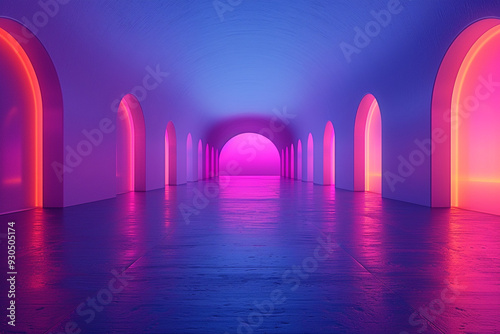 3D rendered abstract technology background features an ultraviolet color scheme, showcasing an empty room with a striking purple-blue corridor leading to a mesmerizing violet tunnel, creating a virtua photo