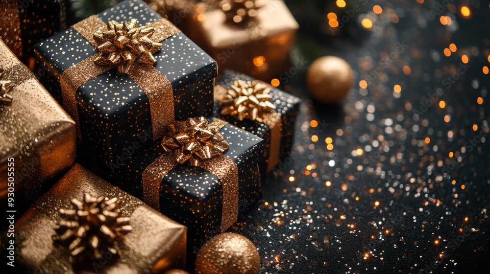 Christmas presents wrapped in black and gold on a sparkling background Christmas presents wrapped in black and gold on a sparkling background