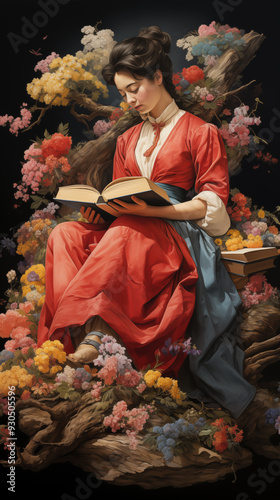 Old fashioned Young woman wearing a red dress of 1800th century is sitting and reading a book in a romantic painting style.  floral arrangement and a dark background on women's culture and education photo