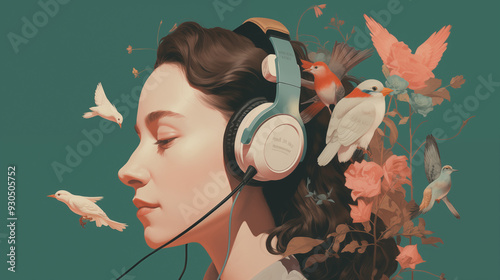 Woman wearing headphones is listening music, her eyes are closed and she seems peaceful, surrounded by birds and flowers, in a surreal portrait; digital art in the dreamy pictorial style