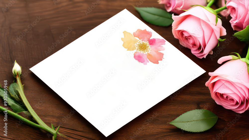Fototapeta premium invitation card with watercolor rose flower