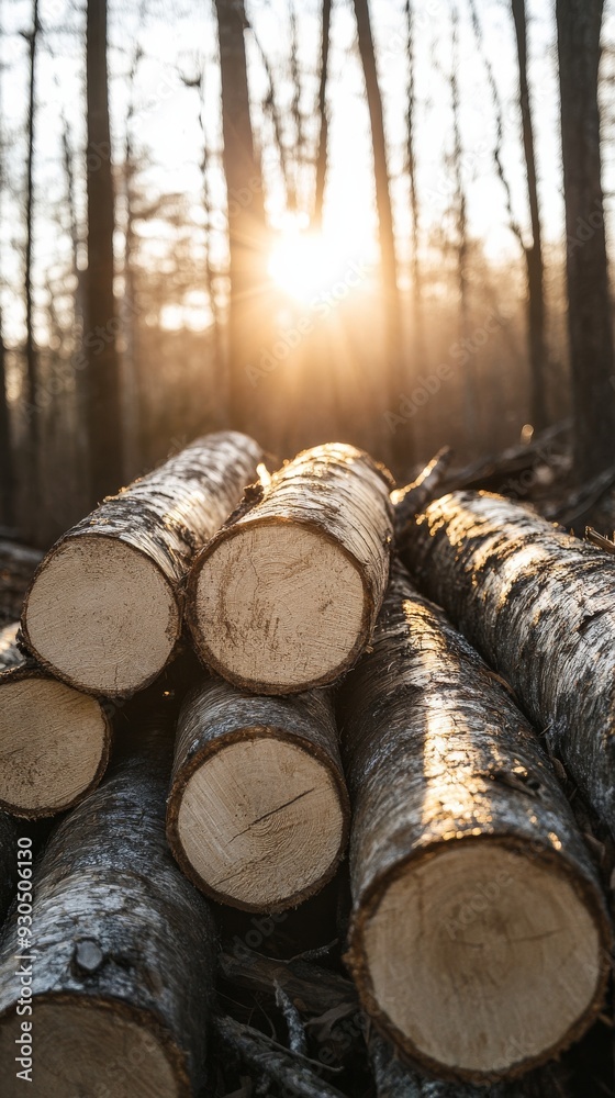 Stack of logs catching the last rays of sun in a forest clearing Stack of logs catching the last rays of sun in a forest clearing