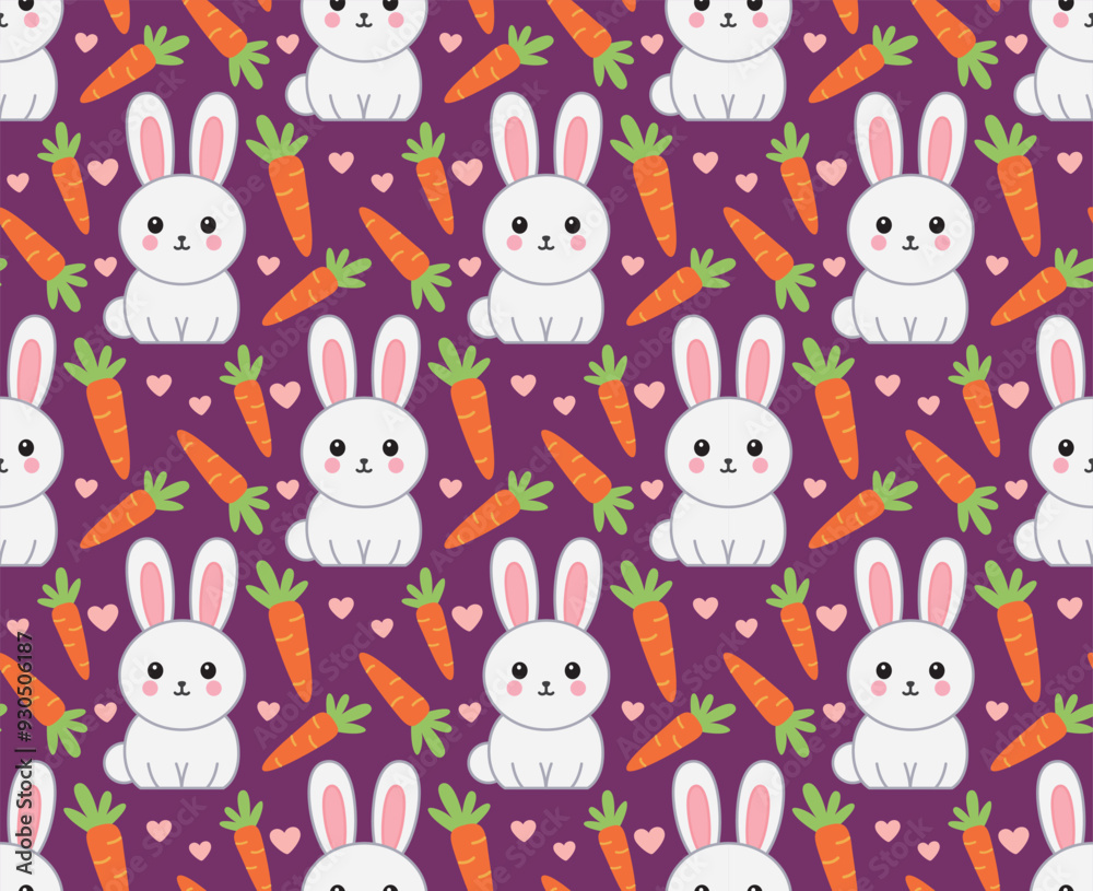 Naklejka premium Seamless cartoon pattern with cute rabbits, and carrots. Vector colorful backdrop in flat style