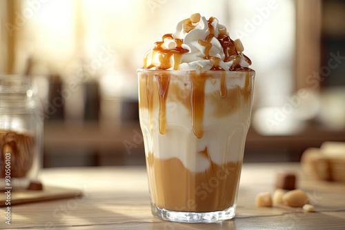 Iced caramel macchiato in a plastic cup, showing the beautiful swirls of coffee, milk, and caramel isolated. Generative Ai