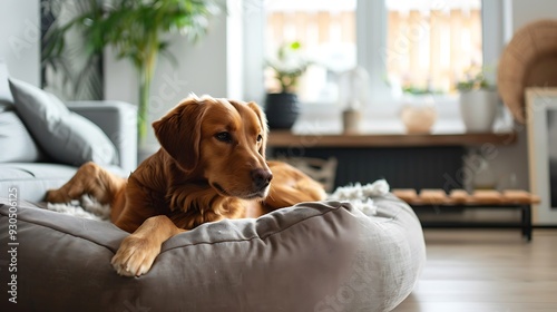 Dog lounging on a comfortable bed in a stylish home, showing how pets are part of the family.