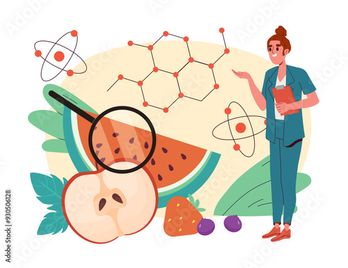 Woman studying fruits. Young girl in medical uniform with magnifying glass examines slice of watermelon. Chemical experiments and analyzes in laboratory. Flat vector illustration