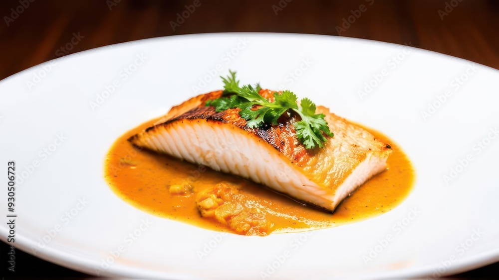 A photo of an elegant dish featuring halibut, showcasing its soft texture and delicate flake against the backdrop of pure white plate. A photo of an elegant dish featuring halibut, showcasing its soft texture and delicate flake against the backdrop of pure white plate.