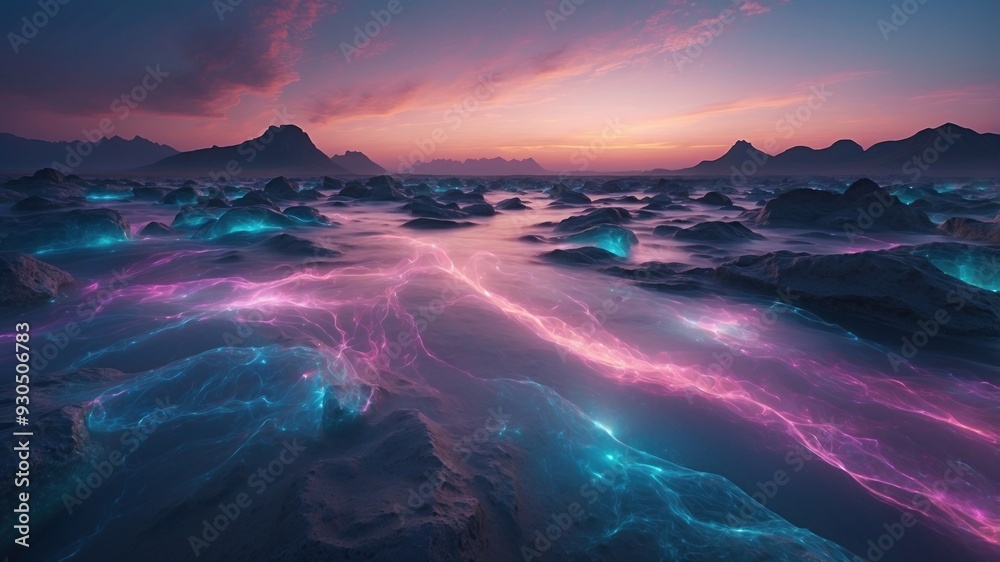 Naklejka premium Wallpaper landscape like an icy planet lit by neon beautiful lights