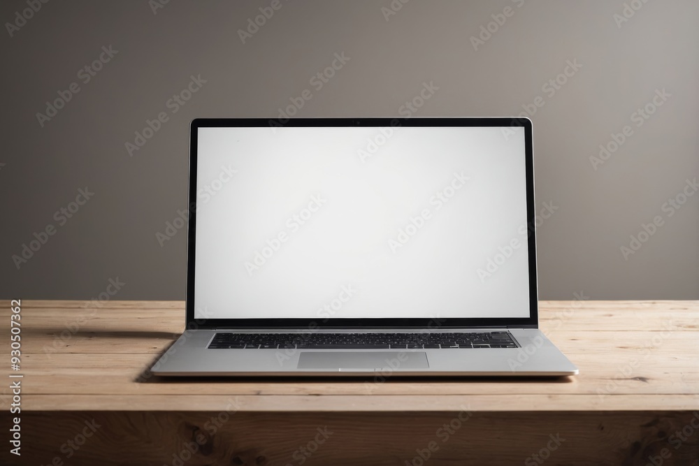 Modern laptop with blank screen on wooden table with grey background Modern laptop with blank screen on wooden table with grey background