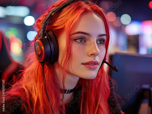 red hair woman with headphone