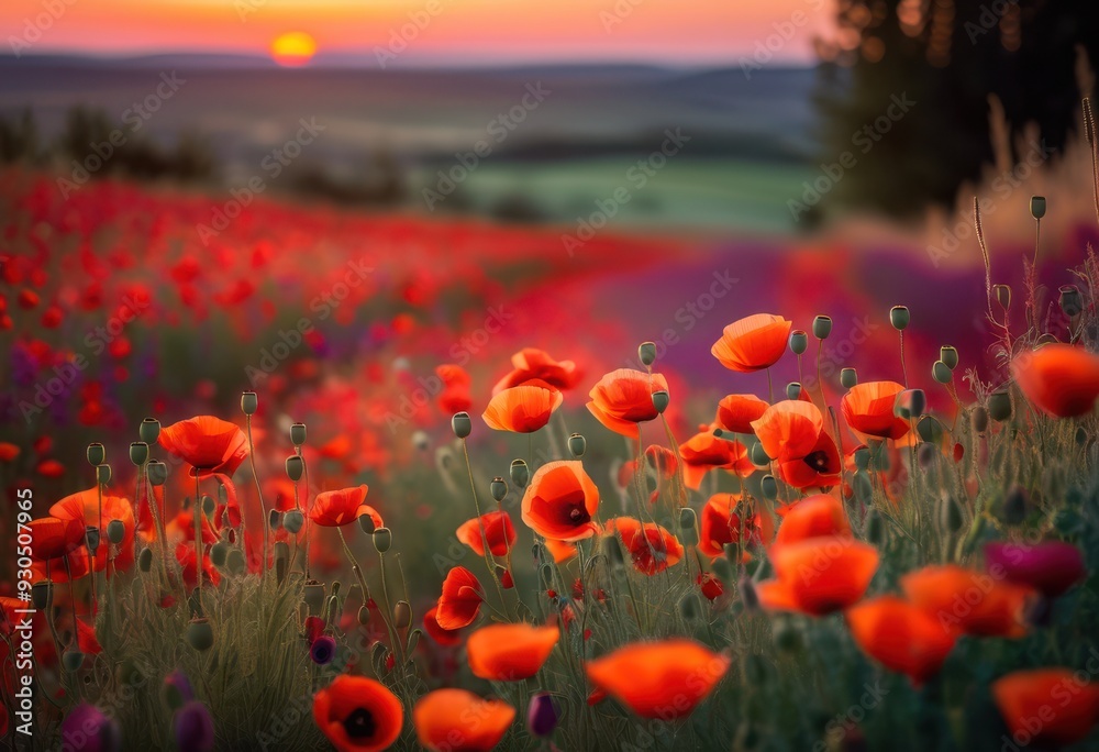 Obraz premium stunning twilight scene vibrant poppy field captured soft focus rich colors dreamy atmosphere, nature, blooms, landscape, flowers, garden, petals, sky