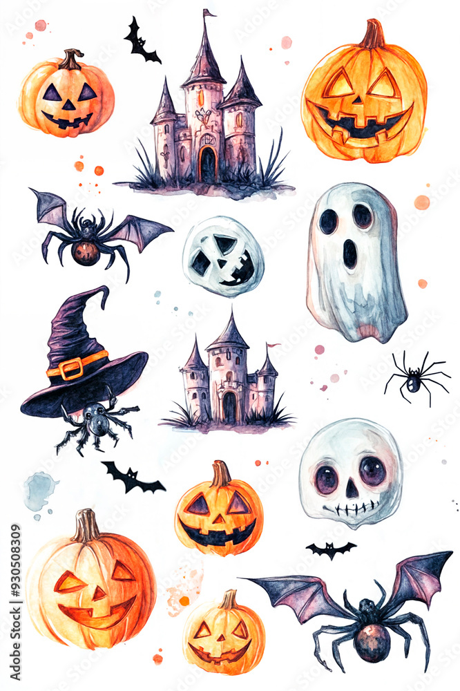 Halloween elements. Watercolor illustration isolated on white background Halloween elements. Watercolor illustration isolated on white background