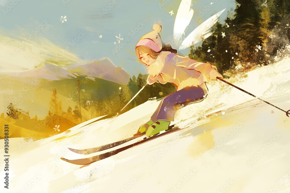 Naklejka premium Winter Skiing Adventure in Digital Art Woman Skiing Down a Snowy Mountain Slope