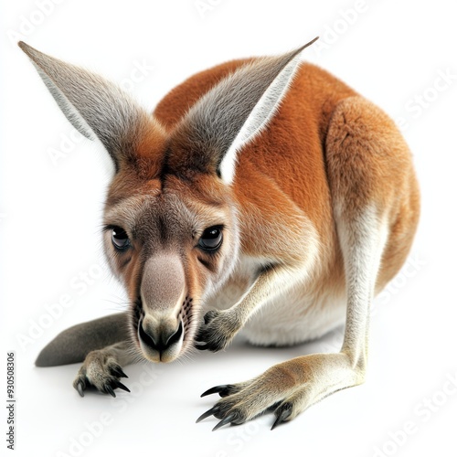 Close-up of a kangaroo showcasing its distinct features and posture in a clean, minimalist setting. photo