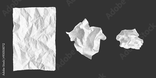 Set of paper lumps of varying degrees of crumpling. Gritty dusty dotted effect, vector elements with jagged edges, empty old notebook sheet.