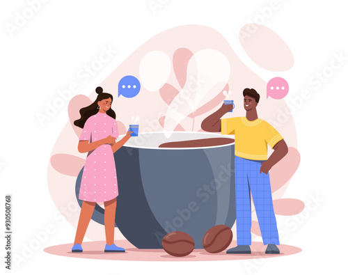 People with coffee break. Man and woman near huge mug with hot drink. Aroma and beverage. Cappuccino and macchiato, latte and americano. Flat vector illustration isolated on white background