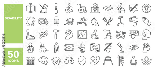 Set of 50 line icons related to disability, accessibility, blind, disabled, deaf, wheelchair, cripple, broken, assistive device, Editable stroke. Vector illustration