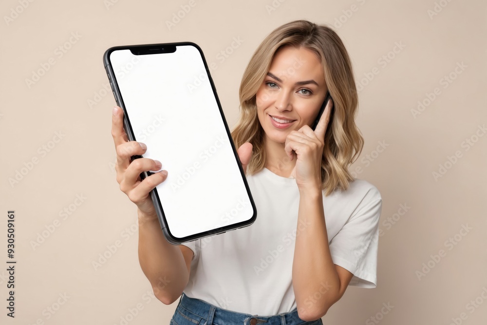 Smiling young woman holding smartphone with blank screen and talking Smiling young woman holding smartphone with blank screen and talking