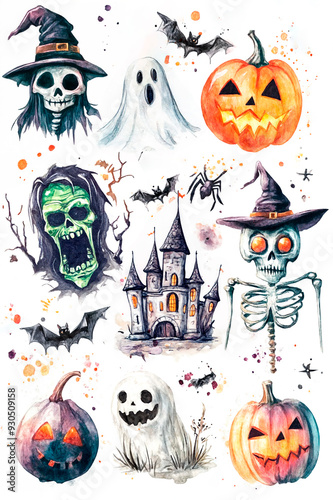 Halloween elements. Watercolor illustration isolated on white background