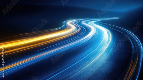 Abstract blue background with blurred speed lines and light streaks on the horizon, business background