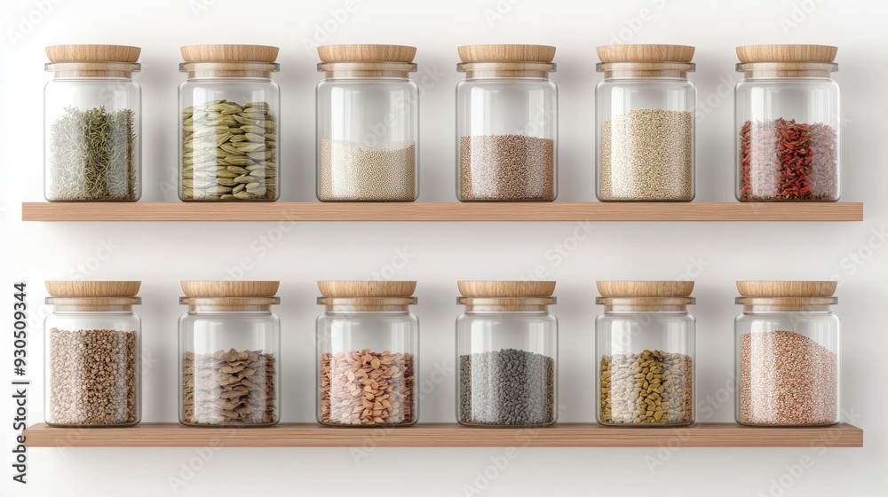 Colorful spice and seed jars neatly lined up on wooden shelves create an organized and vibrant display in a simple, minimalist style Colorful spice and seed jars neatly lined up on wooden shelves create an organized and vibrant display in a simple, minimalist style