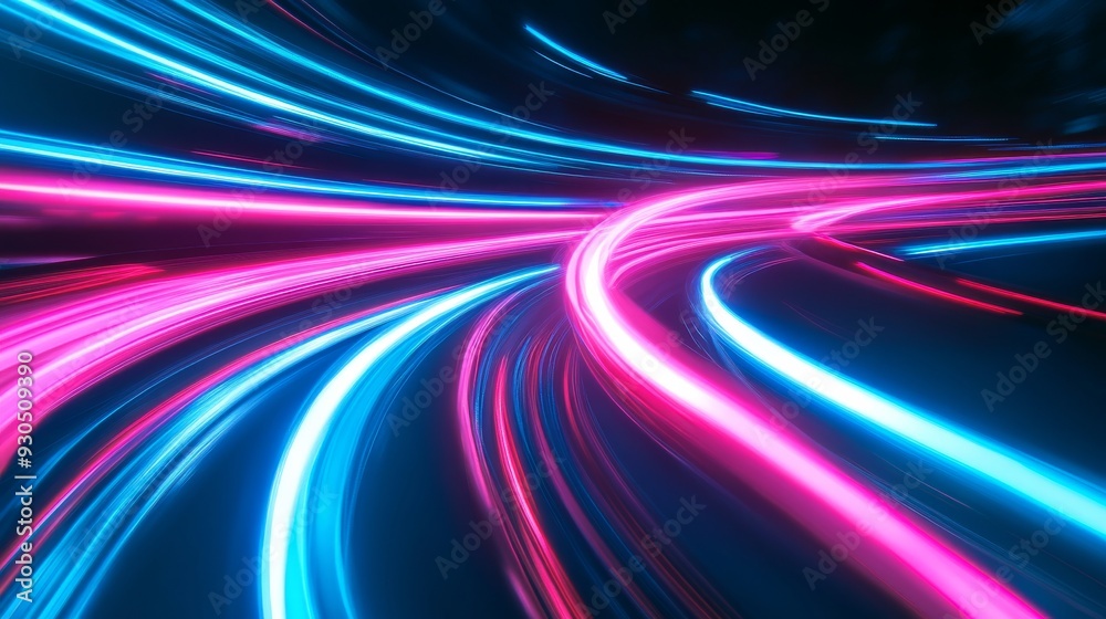 Blue and pink neon trails crossing at high speed on a highway Blue and pink neon trails crossing at high speed on a highway