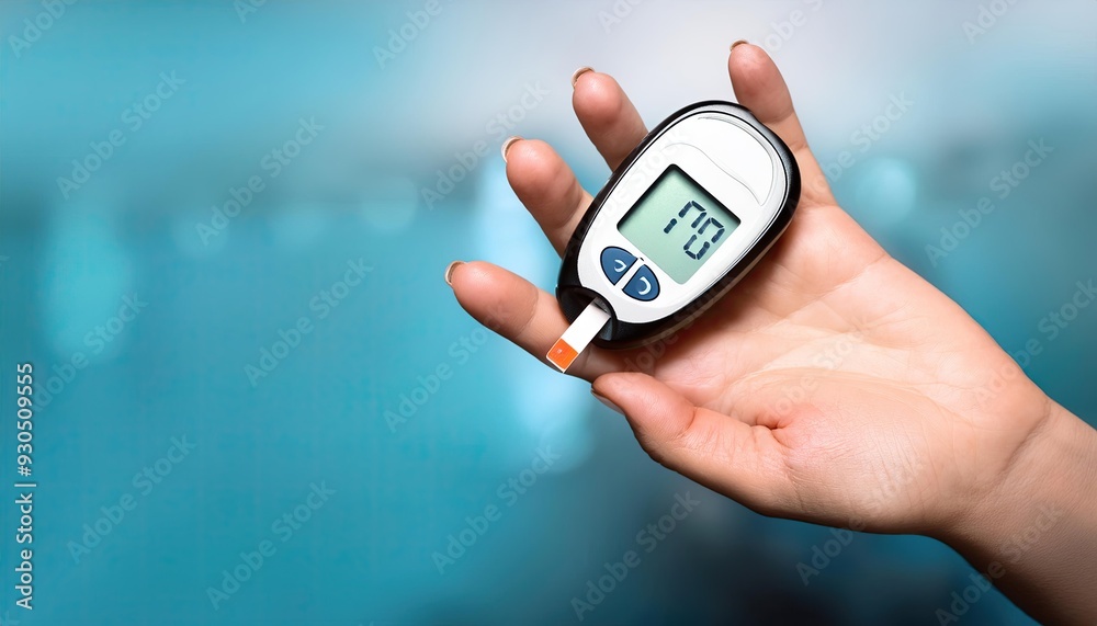 A blood glucose meter on the hand is used to measure blood sugar; the background A blood glucose meter on the hand is used to measure blood sugar; the background