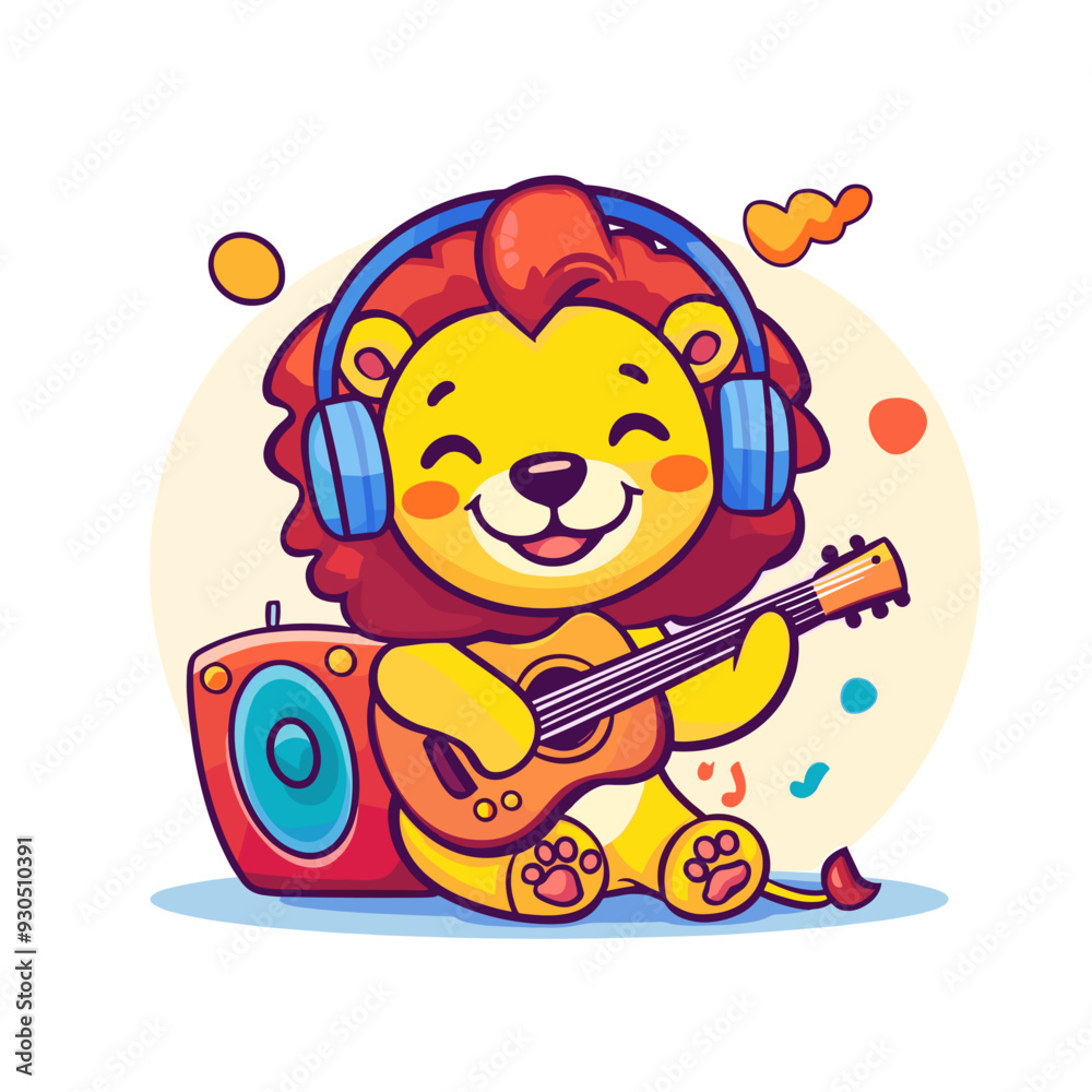 vector lion playing guitar flat style on solid background . Generative AI vector lion playing guitar flat style on solid background . Generative AI