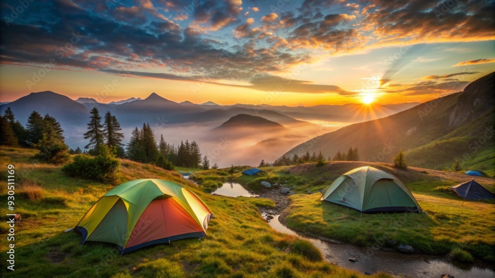 Tranquil mountain campsite at sunrise with tents set up for a serene outdoor experience Tranquil mountain campsite at sunrise with tents set up for a serene outdoor experience