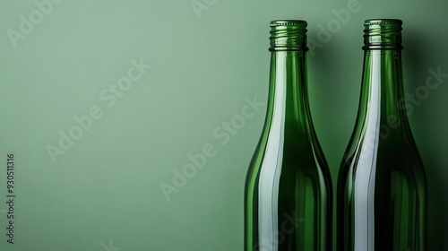 The image shows two tall green glass bottles standing side by side against a solid green background, highlighting their reflective and smooth surfaces.
